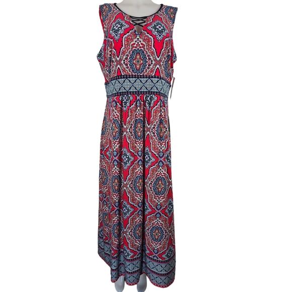 Sandra Darren NWT Red Blue Design Sleeveless Maxi Women's Dress XL - Picture 1 of 6